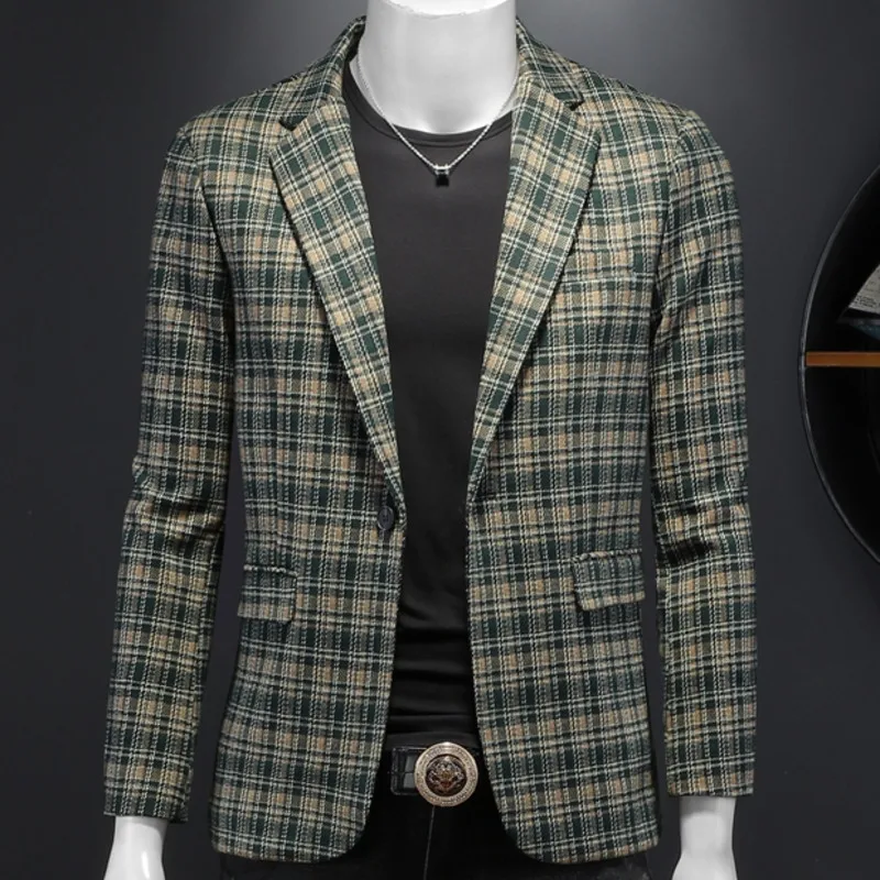 Высококачественный мужской пиджак в клетку с контрастным цветом Chaqueta Hombre Prom Blazer 2023 Винтажный Chaqueta Hombre Формальный деловой блейзер