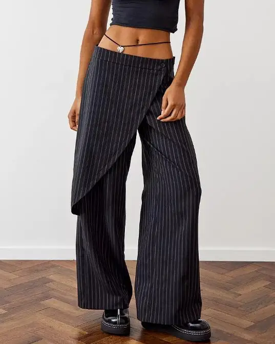 Женщины Cual Широкие штанины Полосатые брюки Нерегулярные мешковатые брюки с высокой талией Свободный крой Длинные прямые брюки Y2k Streetwear 4
