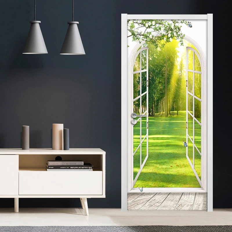 3D Окно Солнечный свет Зеленые деревья Пейзаж Дверь Наклейка на стену Настенные наклейки Гостиная Спальня Самоклеящиеся обои для дверей 1