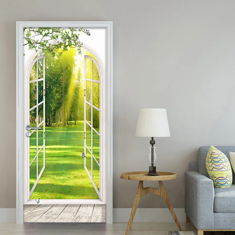 3D Окно Солнечный свет Зеленые деревья Пейзаж Дверь Наклейка на стену Настенные наклейки Гостиная Спальня Самоклеящиеся обои для дверей 2