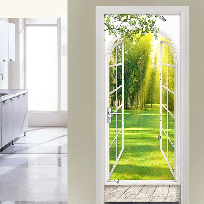 3D Окно Солнечный свет Зеленые деревья Пейзаж Дверь Наклейка на стену Настенные наклейки Гостиная Спальня Самоклеящиеся обои для дверей 3