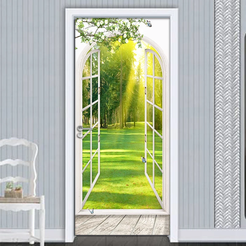 3D Окно Солнечный свет Зеленые деревья Пейзаж Дверь Наклейка на стену Настенные наклейки Гостиная Спальня Самоклеящиеся обои для дверей 4