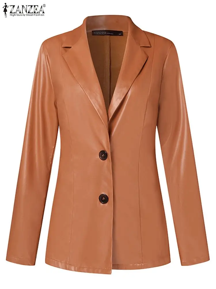 ZANZEA Повседневная офисная леди осенняя верхняя одежда женский пиджак из искусственной кожи пальто винтажный костюм с воротником куртка 2023 новый двубортный блейзер 3