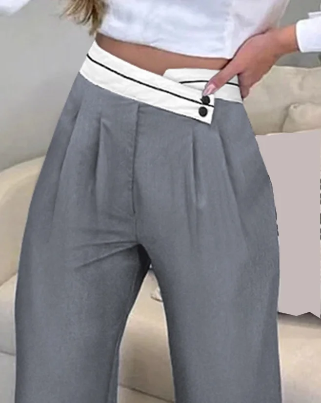 2023 Новая мода Женские брюки Элегантные контрастные панели внахлест Рабочие брюки с рюшами Женские брюки Повседневный низ 1