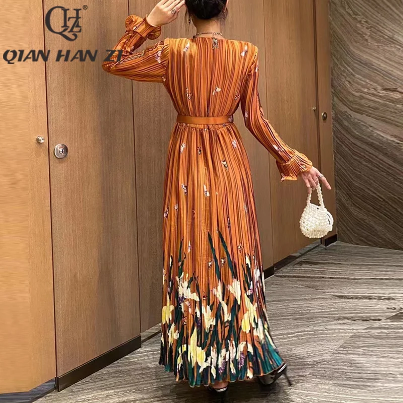 QHZ Дизайнер Мода Винтаж Роскошное Макси Платье Женщины С длинным рукавом Высококачественный ремень с цветочным принтом Тонкие складки Вечернее длинное платье 3
