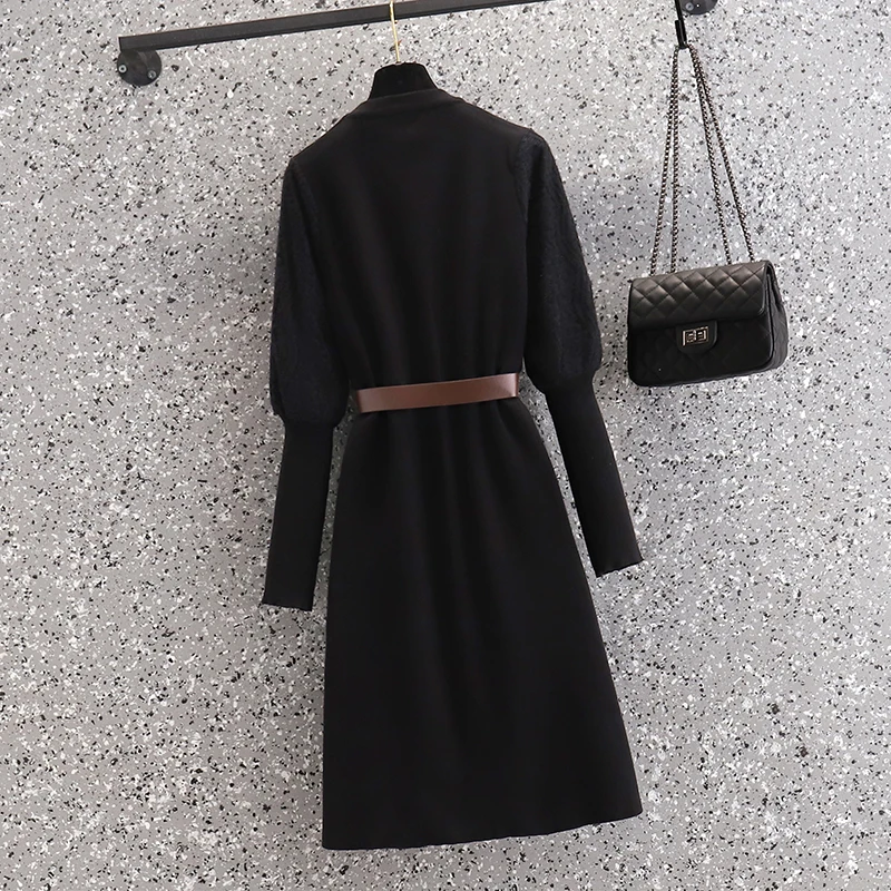 Женское осень-зимнее бусины тонкое однотонное простое трикотажное платье офисное леди мода винтаж пояс свитер платье 1