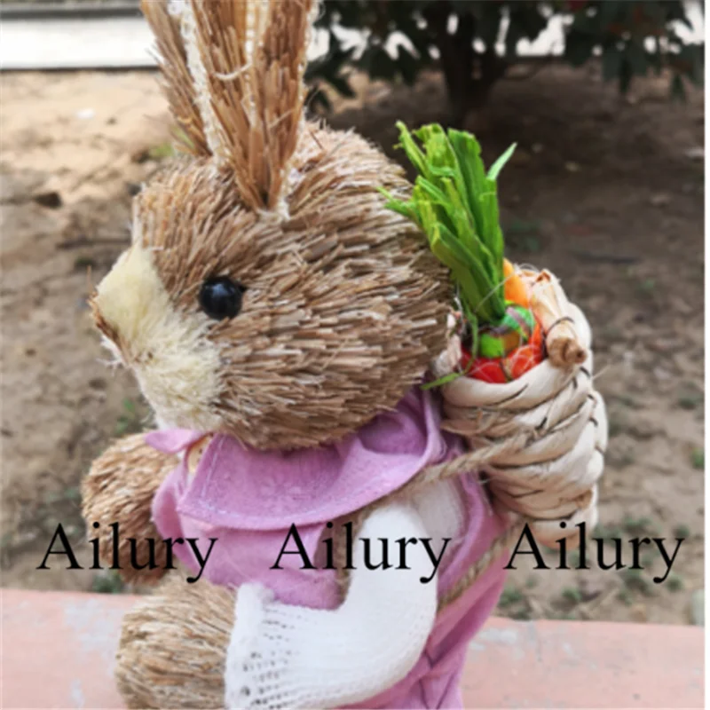 35 см лесной плетеный соломенный кролик, розовый бант и корзина Buuny Cover, ручная работа, незаменимый для фотографии, пасхальный подарок, украшение дома 1