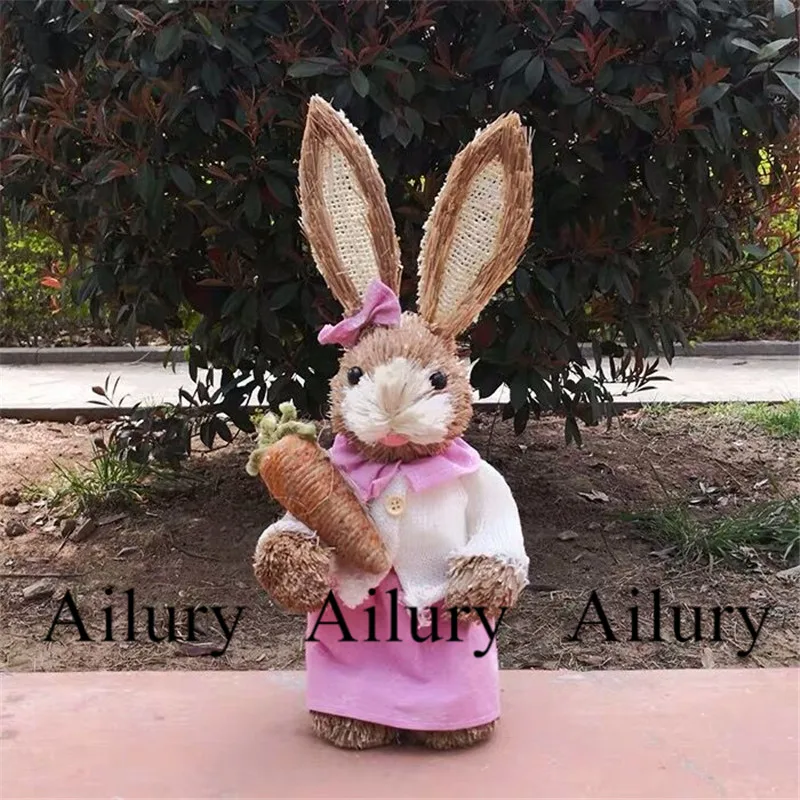 35 см лесной плетеный соломенный кролик, розовый бант и корзина Buuny Cover, ручная работа, незаменимый для фотографии, пасхальный подарок, украшение дома 4