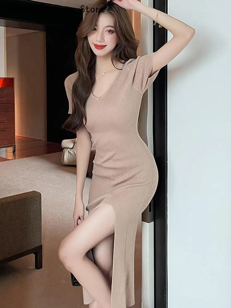 Женщины Летнее Платье Высокая Растяжка Корейская Мода Тонкий Свитер Платья Сексуальные Раздельные Боковые V-образные Вырезы Bodycon Vestidos Mujer 2