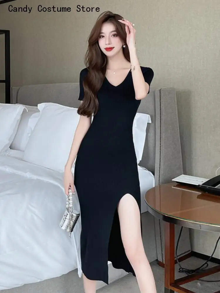 Женщины Летнее Платье Высокая Растяжка Корейская Мода Тонкий Свитер Платья Сексуальные Раздельные Боковые V-образные Вырезы Bodycon Vestidos Mujer 4