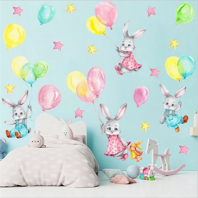 Мультяшный кролик Воздушный шар Наклейка на стену для девочек Детская комната Стена Гостиная Украшение спальни Живопись Украшение дома Обои 1