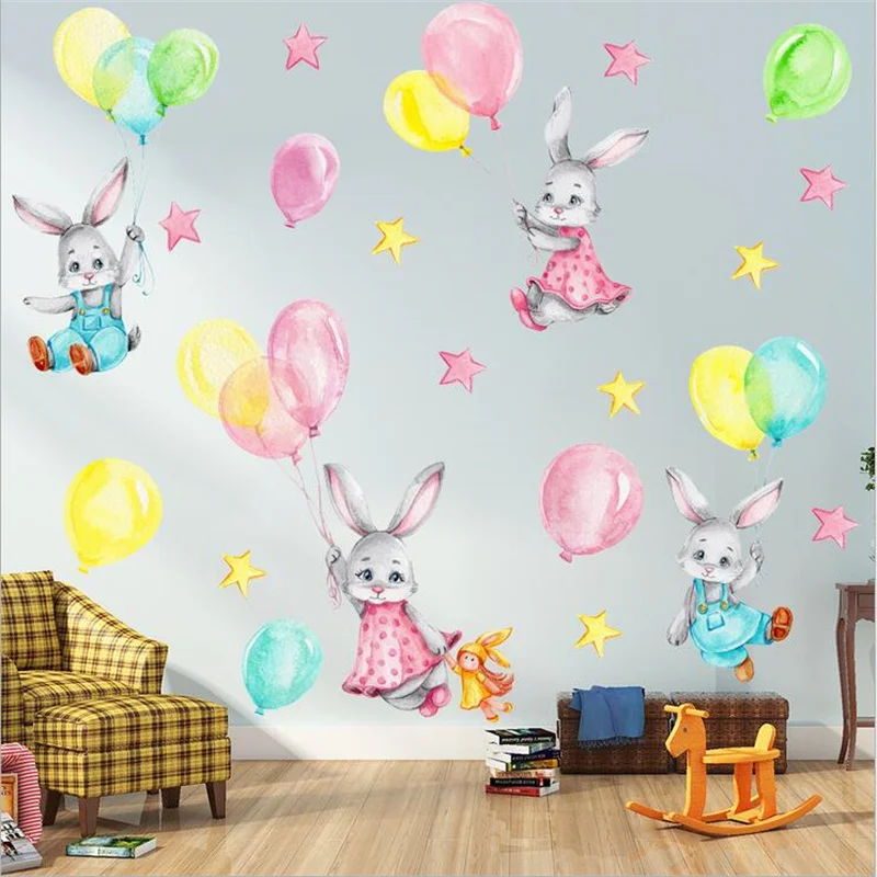 Мультяшный кролик Воздушный шар Наклейка на стену для девочек Детская комната Стена Гостиная Украшение спальни Живопись Украшение дома Обои 2