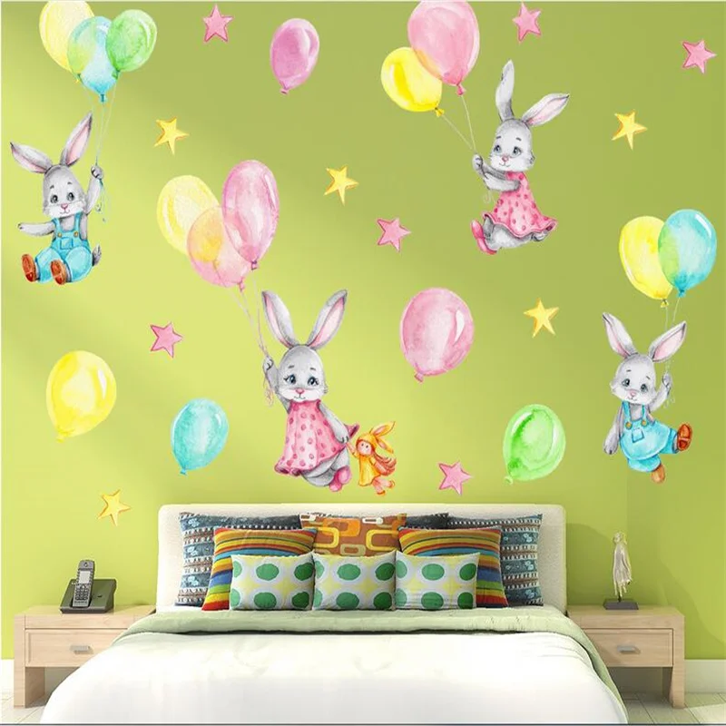 Мультяшный кролик Воздушный шар Наклейка на стену для девочек Детская комната Стена Гостиная Украшение спальни Живопись Украшение дома Обои 3