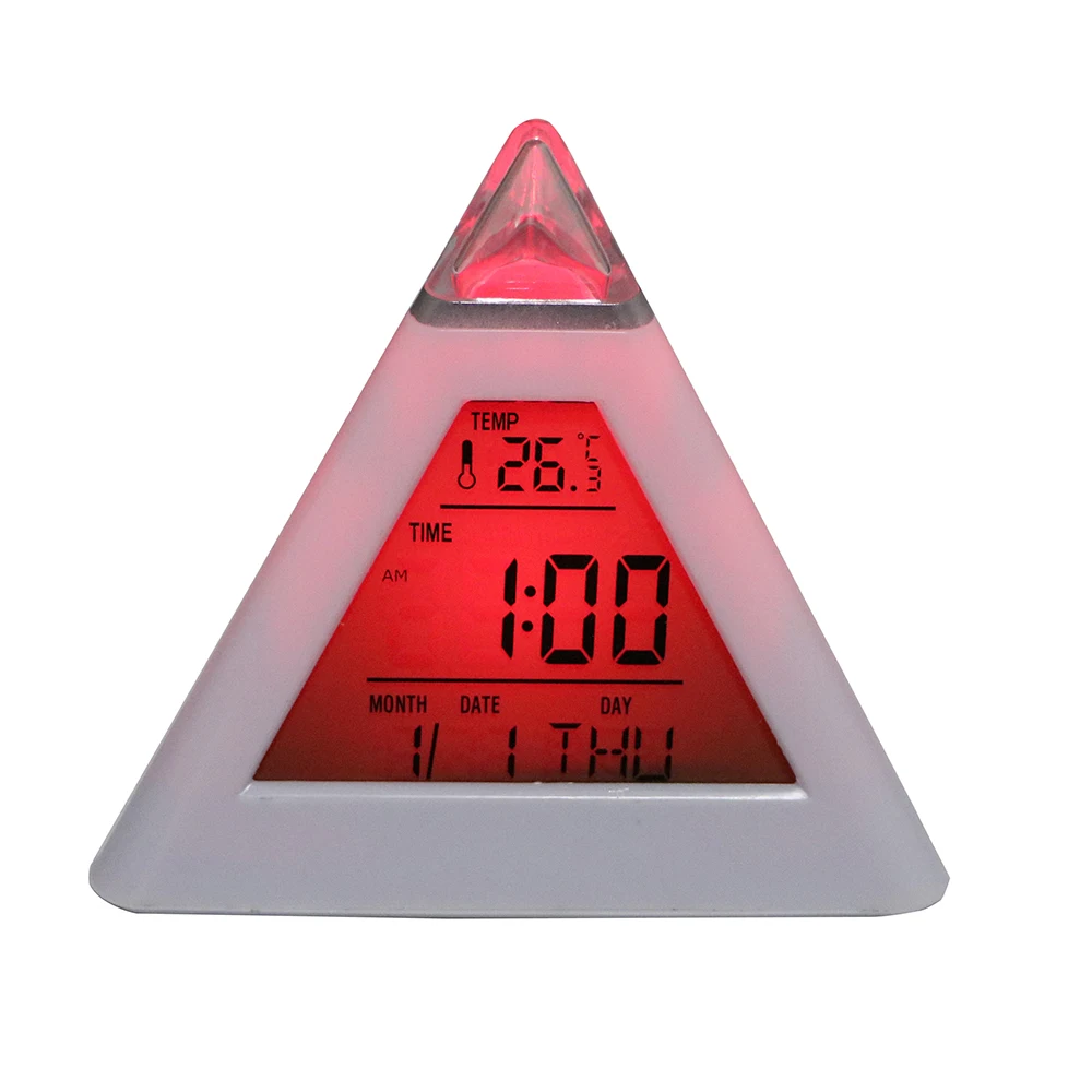 Треугольник Пирамида Цифровой будильник Вечный календарь Термометр Украшение дома Красочная подсветка Смена часов 1