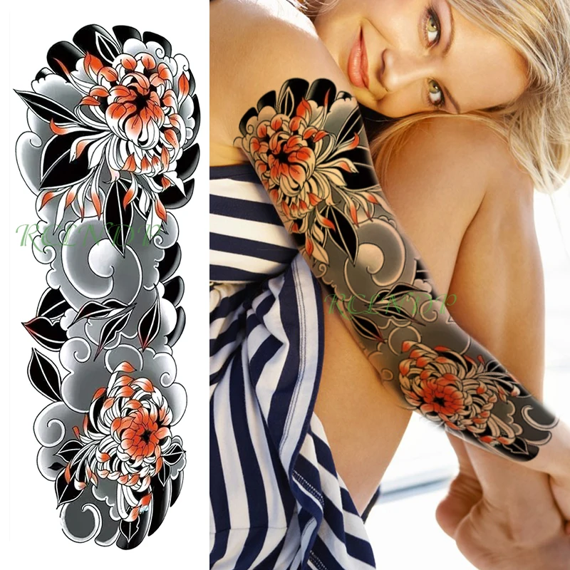 Водонепроницаемая временная наклейка татуировки, большой цветок, волна, шаблон, старый fasion, полная рука, поддельная татуировка, флэш-рукав, тату для мужчин и женщин 3