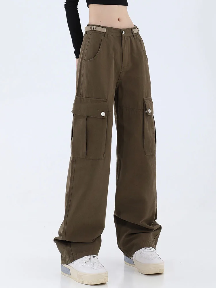 Женщины Большие карманы Брюки-карго Ретро Спортивные брюки с высокой талией Широкие штанины Повседневная мода Уличная одежда Джоггеры Брюки Уличная одежда Y2k 2