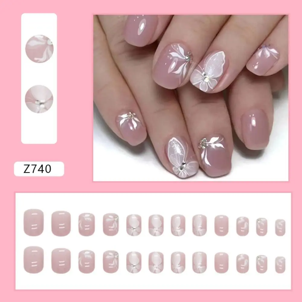  Короткие круглые накладные ногти Мода Французские накладные ногти с полным покрытием Белые Бабочки Съемные Ногти Типсы для салона 1