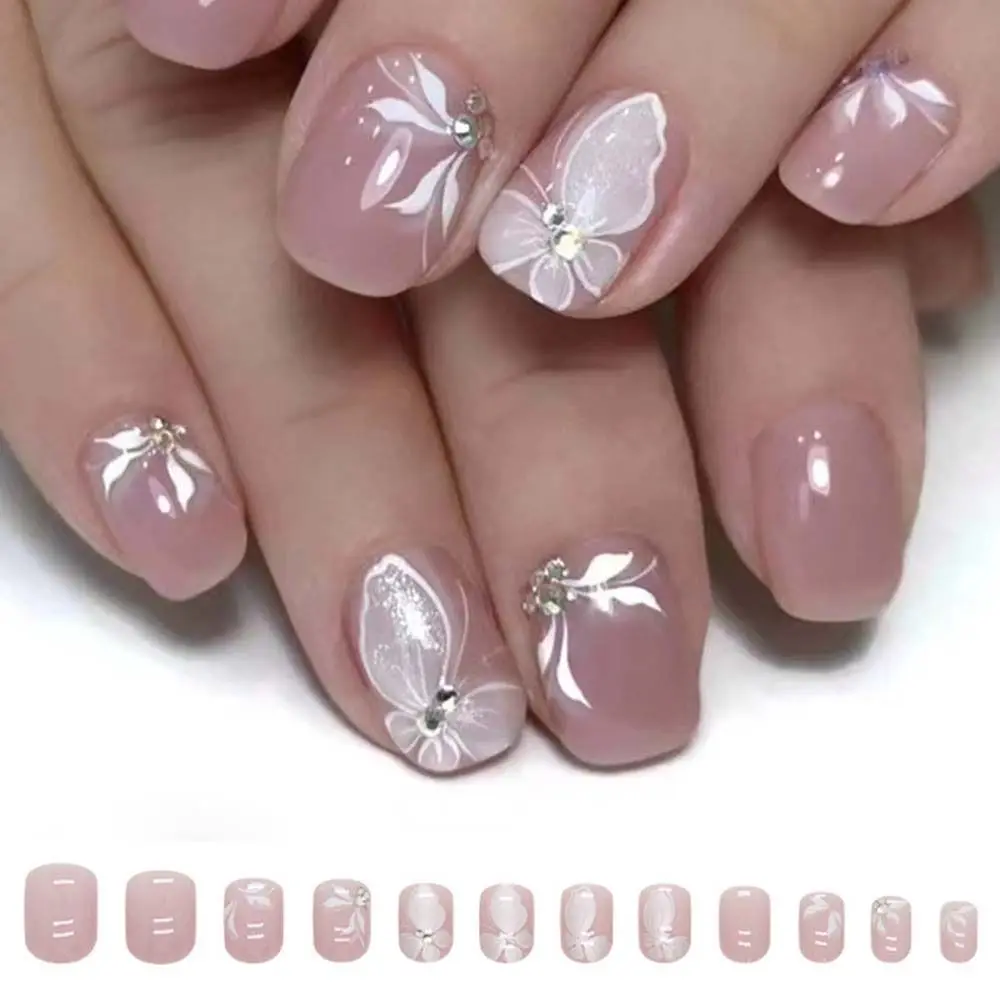  Короткие круглые накладные ногти Мода Французские накладные ногти с полным покрытием Белые Бабочки Съемные Ногти Типсы для салона 2