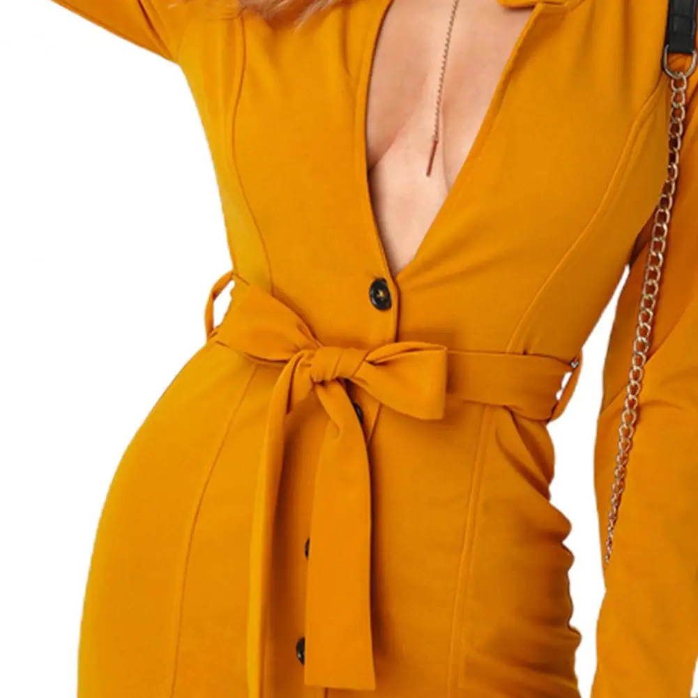 Облегающее платье Сплошной цвет Глубокий V-образный вырез Женщины С длинным рукавом Пуговицы Ремень Платье Уличная одежда 4
