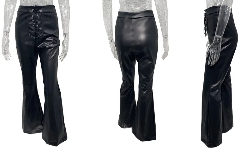 Женская мода PU кожа на шнуровке расклешенные брюки осень уличная женская одежда однотонные повседневные брюки с высокой талией 4