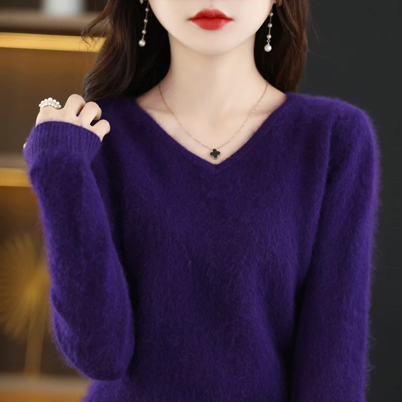 2020 Зимние женские свитера V-образным вырезом 100% норка кашемир пуловер женские мягкие теплые однотонные свитера женские вязаные базовый свитер 5