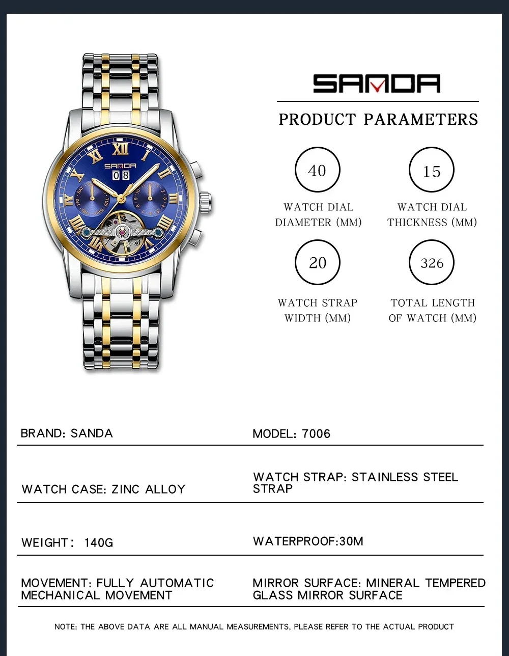 Новый Sanda 7006 Product 7006 Мужские полностью автоматические механические часы со стальным ремнем Модный календарь Полые мужские часы