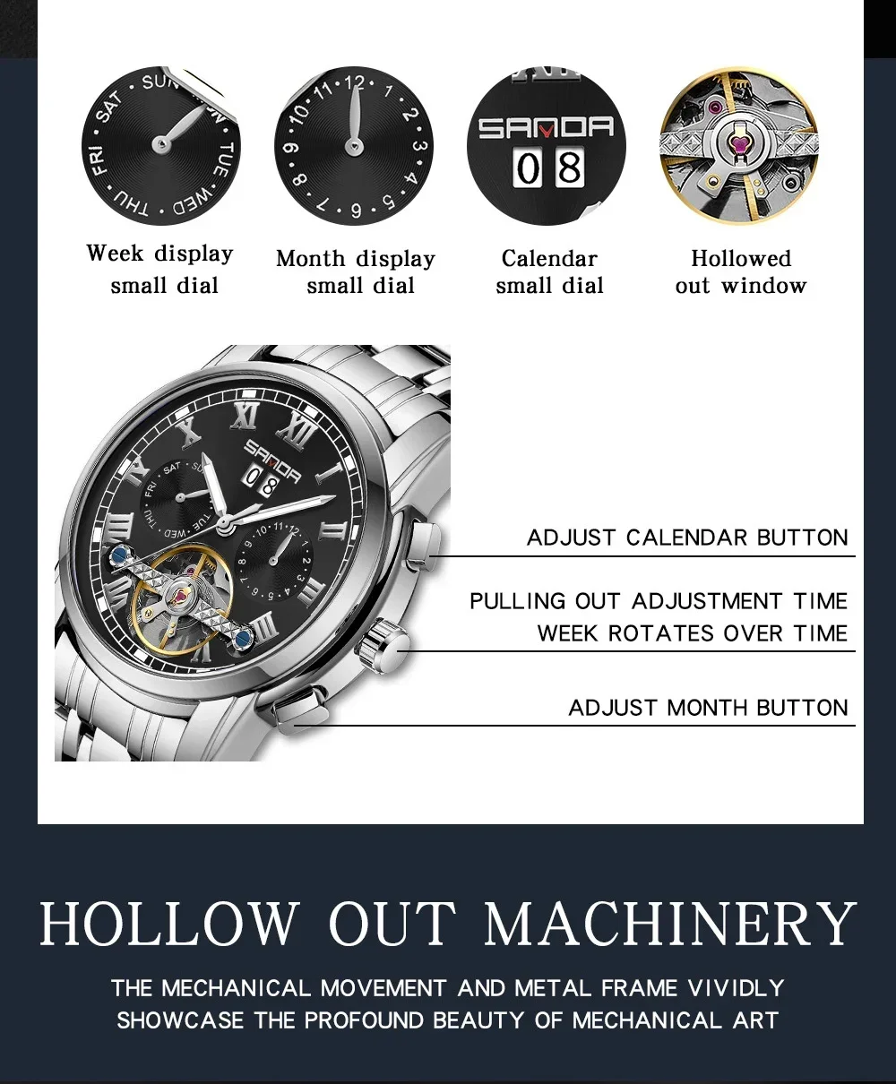 Новый Sanda 7006 Product 7006 Мужские полностью автоматические механические часы со стальным ремнем Модный календарь Полые мужские часы 1