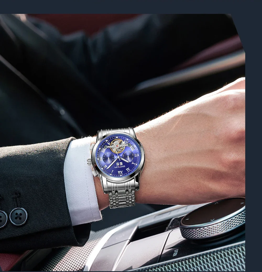 Новый Sanda 7006 Product 7006 Мужские полностью автоматические механические часы со стальным ремнем Модный календарь Полые мужские часы 5