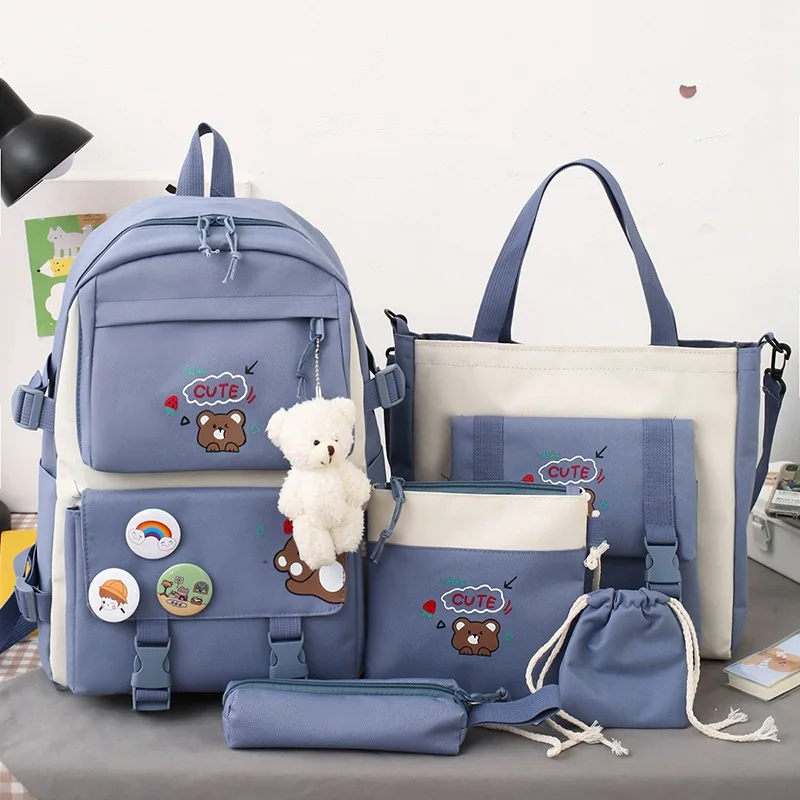 Новый студенческий школьный портфель Набор из пяти предметов Легкая симпатичная сумка Студенческий рюкзак Рюкзак 0