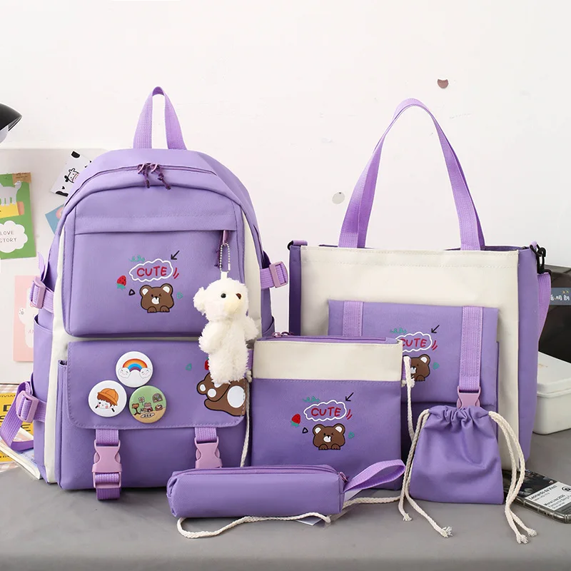 Новый студенческий школьный портфель Набор из пяти предметов Легкая симпатичная сумка Студенческий рюкзак Рюкзак 2