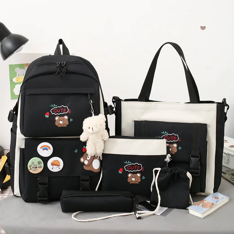 Новый студенческий школьный портфель Набор из пяти предметов Легкая симпатичная сумка Студенческий рюкзак Рюкзак 3