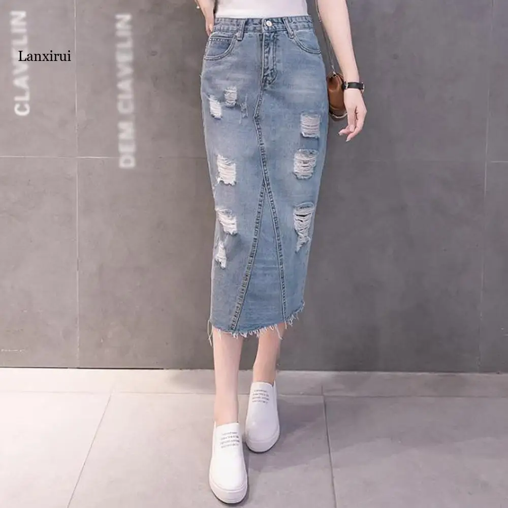 Женская джинсовая юбка 2XL Модные однотонные юбки с высокой талией Женские весна-лето средней длины синие джинсовые юбки с отверстием 2