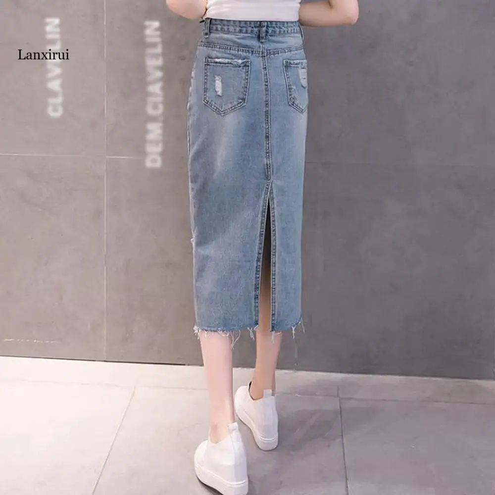 Женская джинсовая юбка 2XL Модные однотонные юбки с высокой талией Женские весна-лето средней длины синие джинсовые юбки с отверстием 3