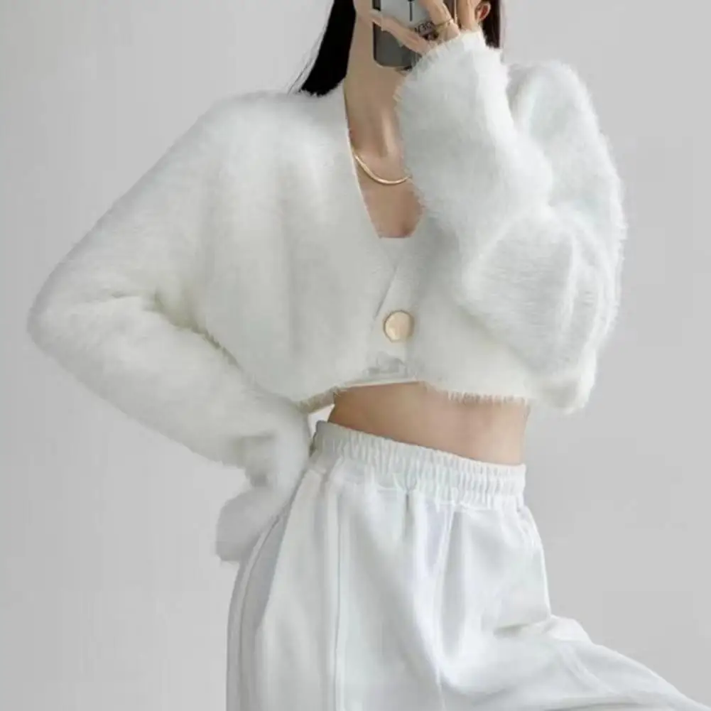 Зимнее женское пальто Пушистый кардиган на пуговицах с длинными рукавами Сохраняет тепло Короткая одежда с глубоким V-образным вырезом 0