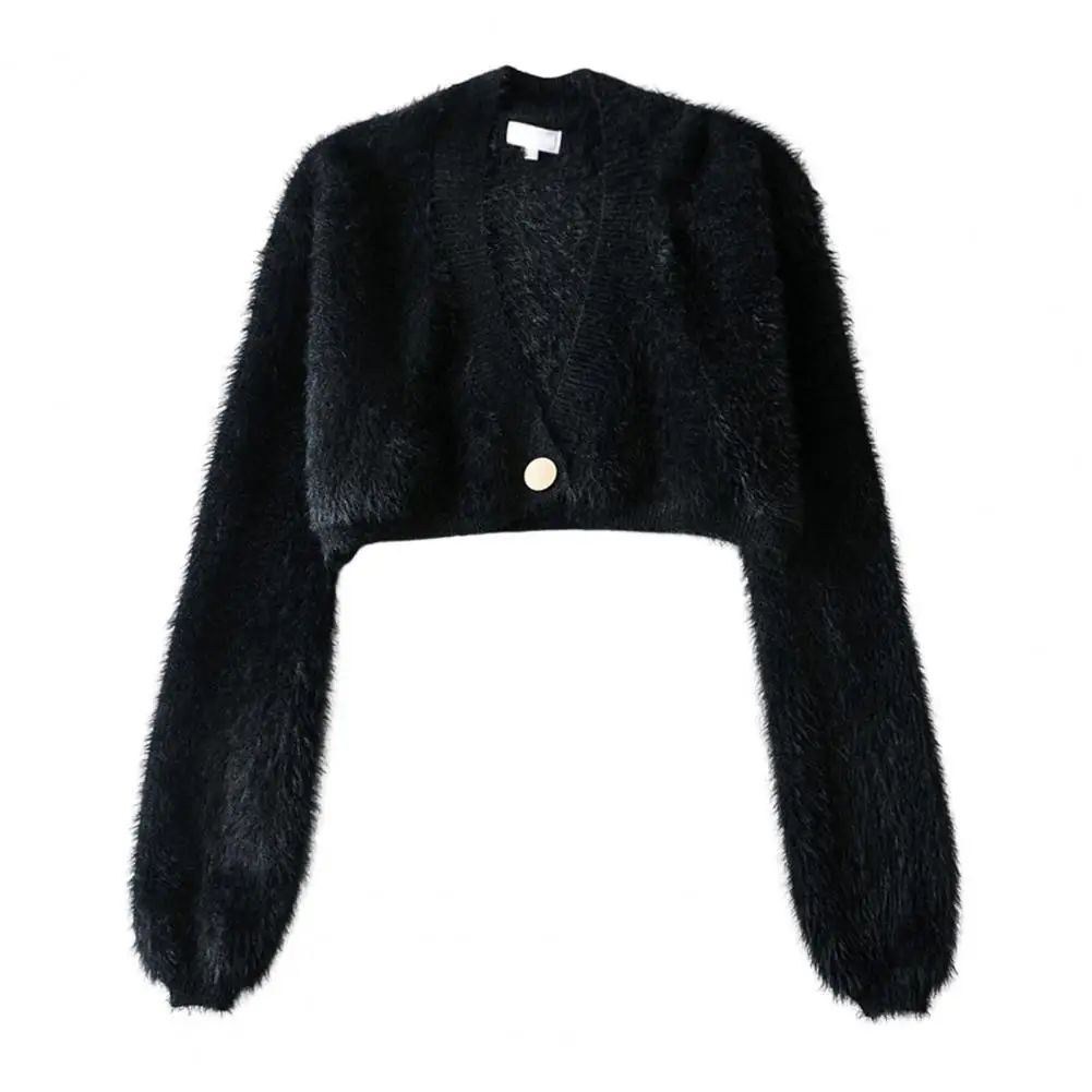 Зимнее женское пальто Пушистый кардиган на пуговицах с длинными рукавами Сохраняет тепло Короткая одежда с глубоким V-образным вырезом 2