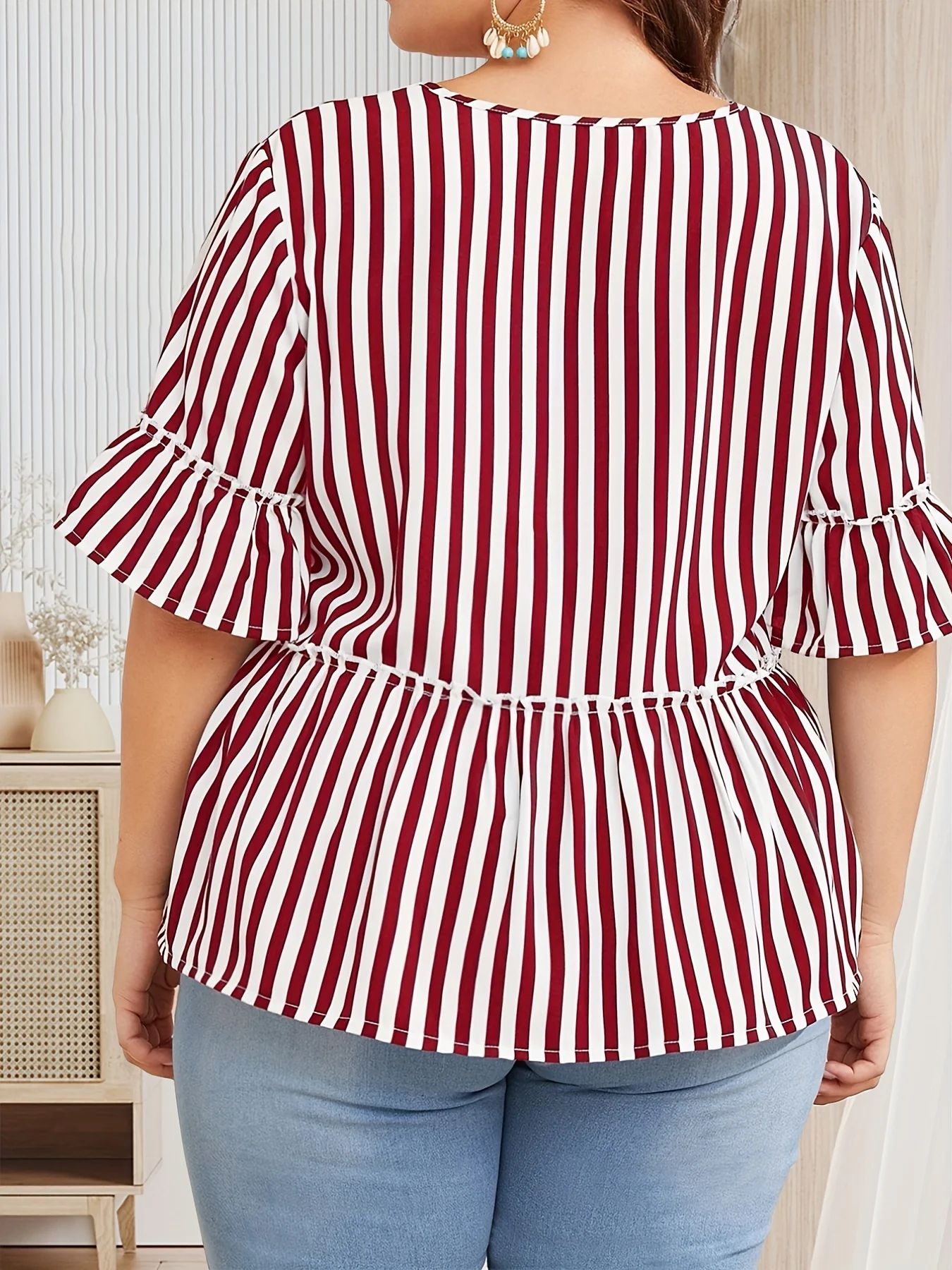Finjani Повседневная блузка больших размеров, женская плюс полоска с принтом салата Отделка с коротким рукавом V-образным вырезом Слегка эластичный топ 1