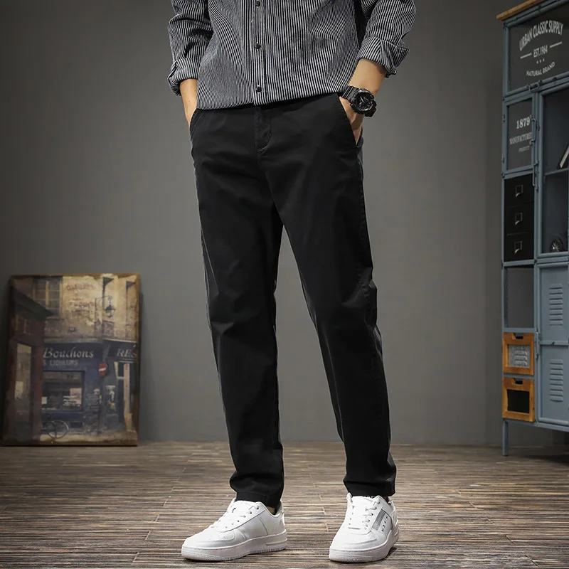  Черные повседневные брюки Мужчины Осень Корейский стиль На открытом воздухе Социальный хлопок Slim Fit Прямые брюки 0