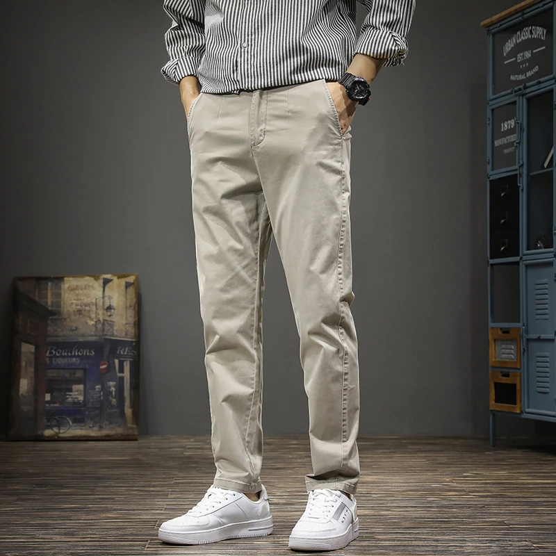  Черные повседневные брюки Мужчины Осень Корейский стиль На открытом воздухе Социальный хлопок Slim Fit Прямые брюки 1