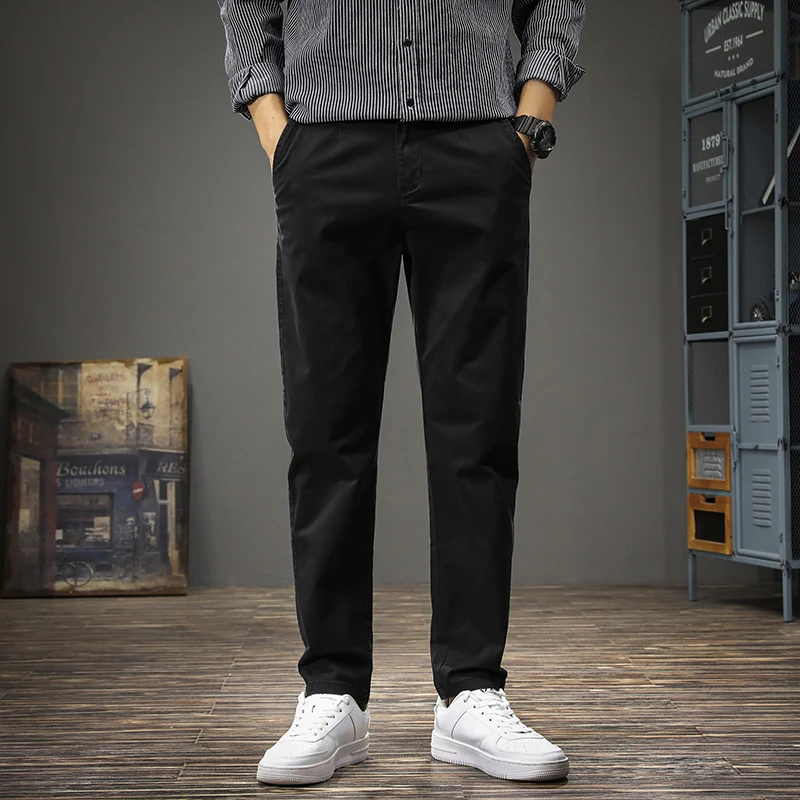  Черные повседневные брюки Мужчины Осень Корейский стиль На открытом воздухе Социальный хлопок Slim Fit Прямые брюки 5