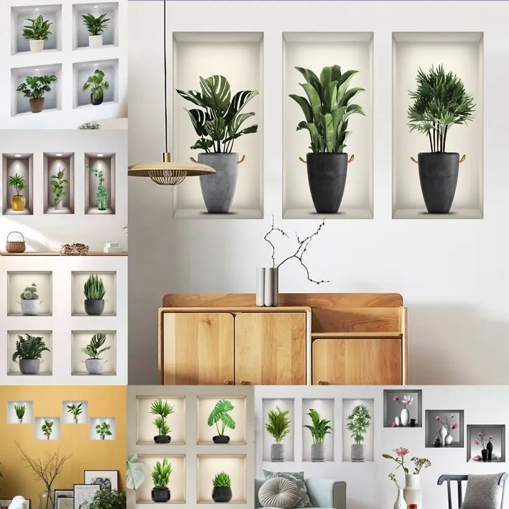 Настенные художественные наклейки имитируют 3D трехмерные зеленые растения в горшках Цветы Украшения для дома Pegatinas de Pared Аниме обои 4