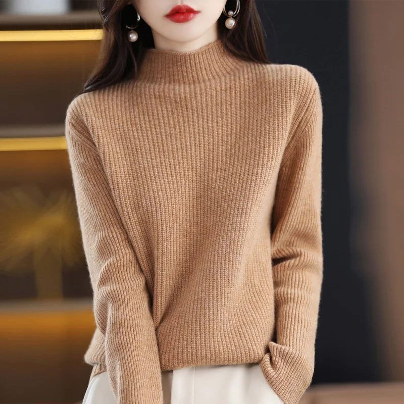 100% свитер из мериноса, осенний и зимний новый женский пуловер с высоким вырезом, пуловер толстого трикотажа, однотонный повседневный с длинным рукавом. 1