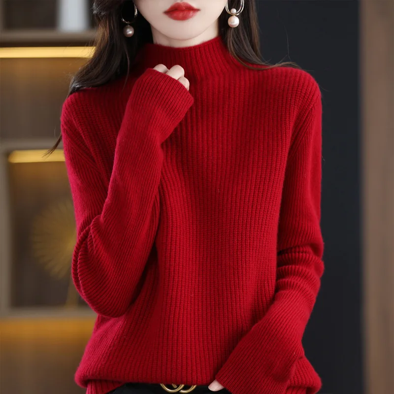100% свитер из мериноса, осенний и зимний новый женский пуловер с высоким вырезом, пуловер толстого трикотажа, однотонный повседневный с длинным рукавом. 3