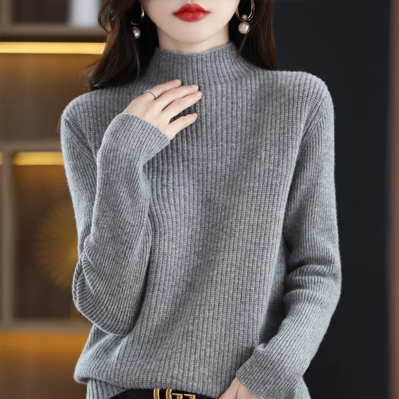 100% свитер из мериноса, осенний и зимний новый женский пуловер с высоким вырезом, пуловер толстого трикотажа, однотонный повседневный с длинным рукавом. 5