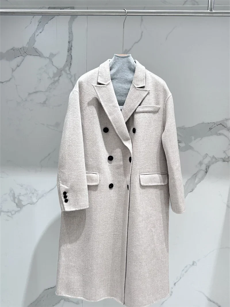 Женское шерстяное пальто в клетку Двубортное бисероплетение Повседневная зимняя свободная куртка миди 2023 1