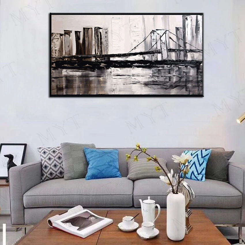 Ручная роспись Современный абстрактный городской мост пейзаж Картина маслом на холсте Настенная художественная картина для гостиной домашний декор без рамы 1