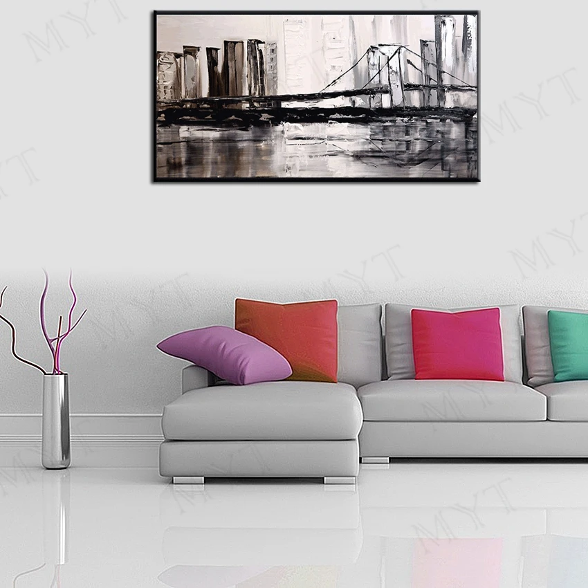 Ручная роспись Современный абстрактный городской мост пейзаж Картина маслом на холсте Настенная художественная картина для гостиной домашний декор без рамы 3
