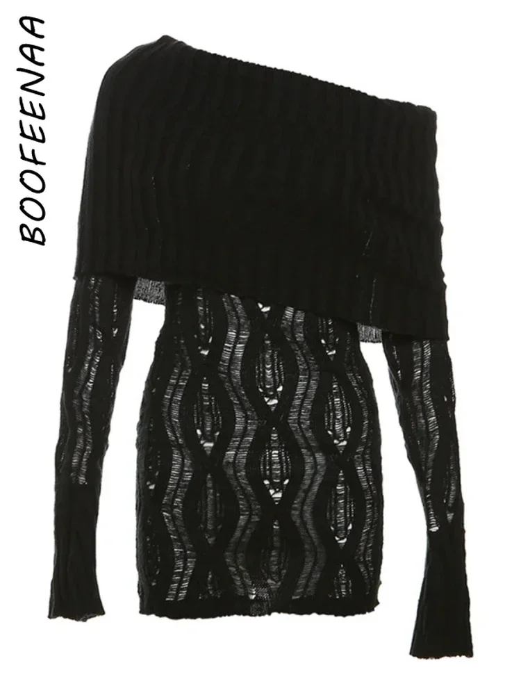 BOOFEENAA Прозрачное трикотажное платье-свитер Женщина Сексуальные расклешенные платья с длинным рукавом с открытыми плечами Осенне-зимняя одежда C87-FZ36 5