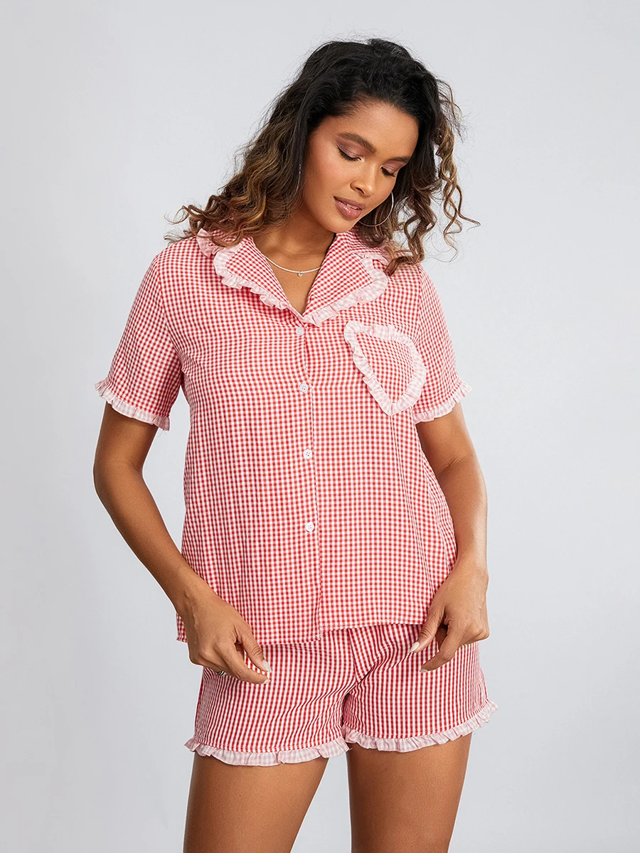 Женское сердце Пижама из двух частей Удобные мягкие пуговицы Рубашка с длинным рукавом Топы и шорты с высокой талией Lounge Set 1