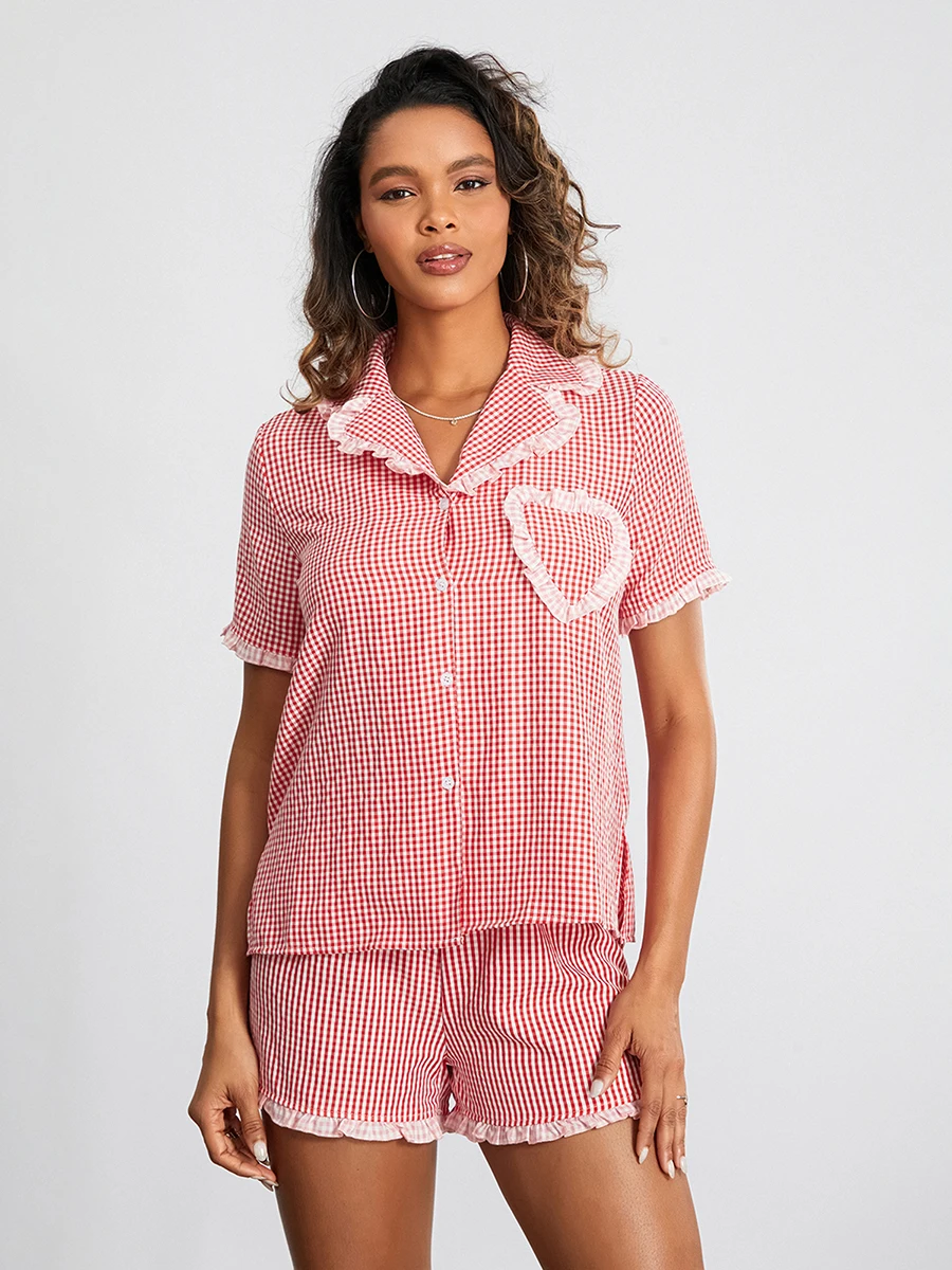 Женское сердце Пижама из двух частей Удобные мягкие пуговицы Рубашка с длинным рукавом Топы и шорты с высокой талией Lounge Set 2