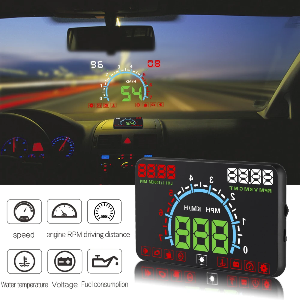 Автомобильный HUD 5,8-дюймовый проекционный дисплей OBD2 Цифровой проектор для лобового стекла Сигнализация превышения скорости Температура воды Обороты в минуту Напряжение Подключи и играй 0